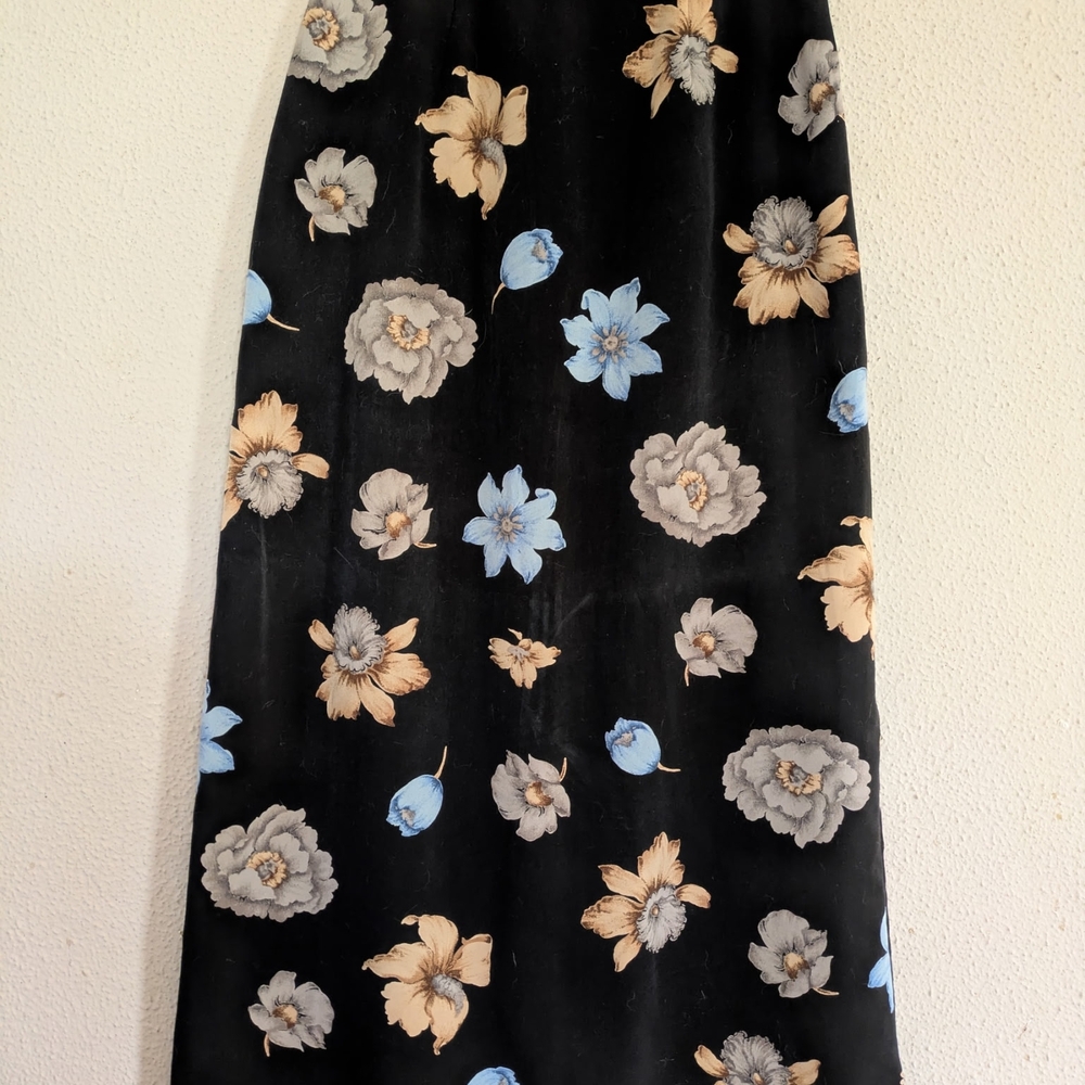 Tracy Evans Black Maxi Skirt with Blue and Beige Floral Print